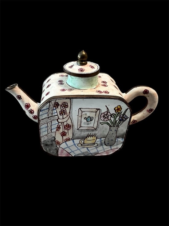 Miniature Tea Pot Other - Enameled Miniature Teapot Collectible in Cream with Kitchen Floral Design